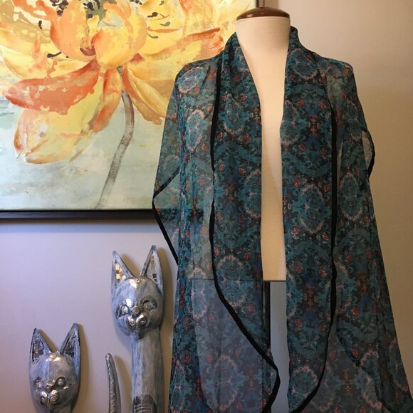 Sheer Blue Floral Damask Tapered Boho Scarf - Picture 8 of 16